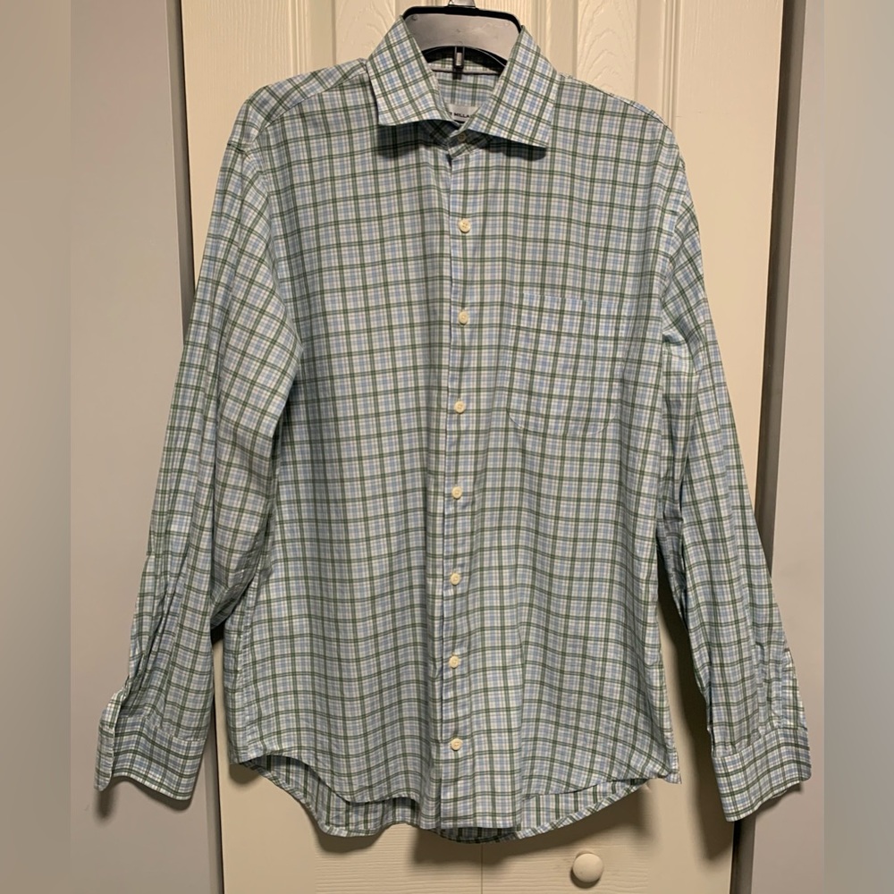Peter Millar Men’s Plaid Long Sleeve Button Front Shirt Green Blue